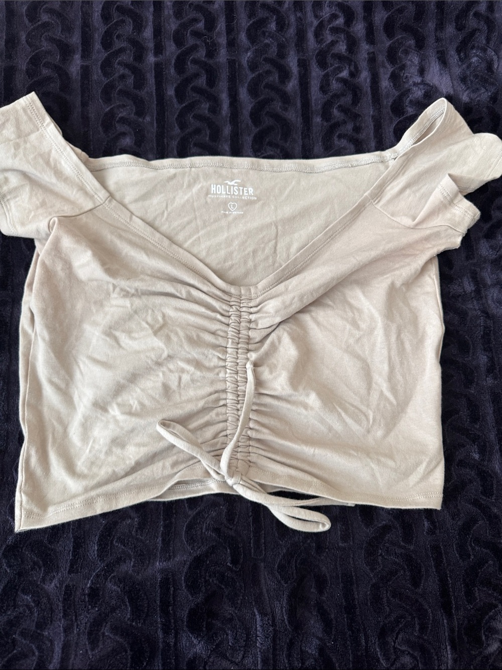 Hollister Beige Tie-Front Ruched Off-Shoulder Crop Top